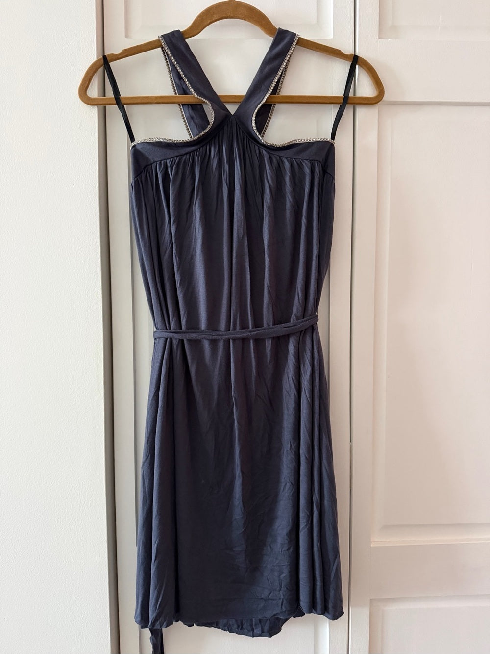 Velvet Mauve Charcoal Grey Rhinestone Cross Back Mini Dress M y2k