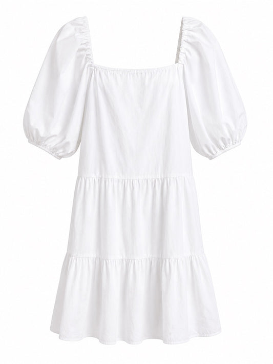 H&M White Square Neck Tiered Puff Sleeve Cotton Dress Size S