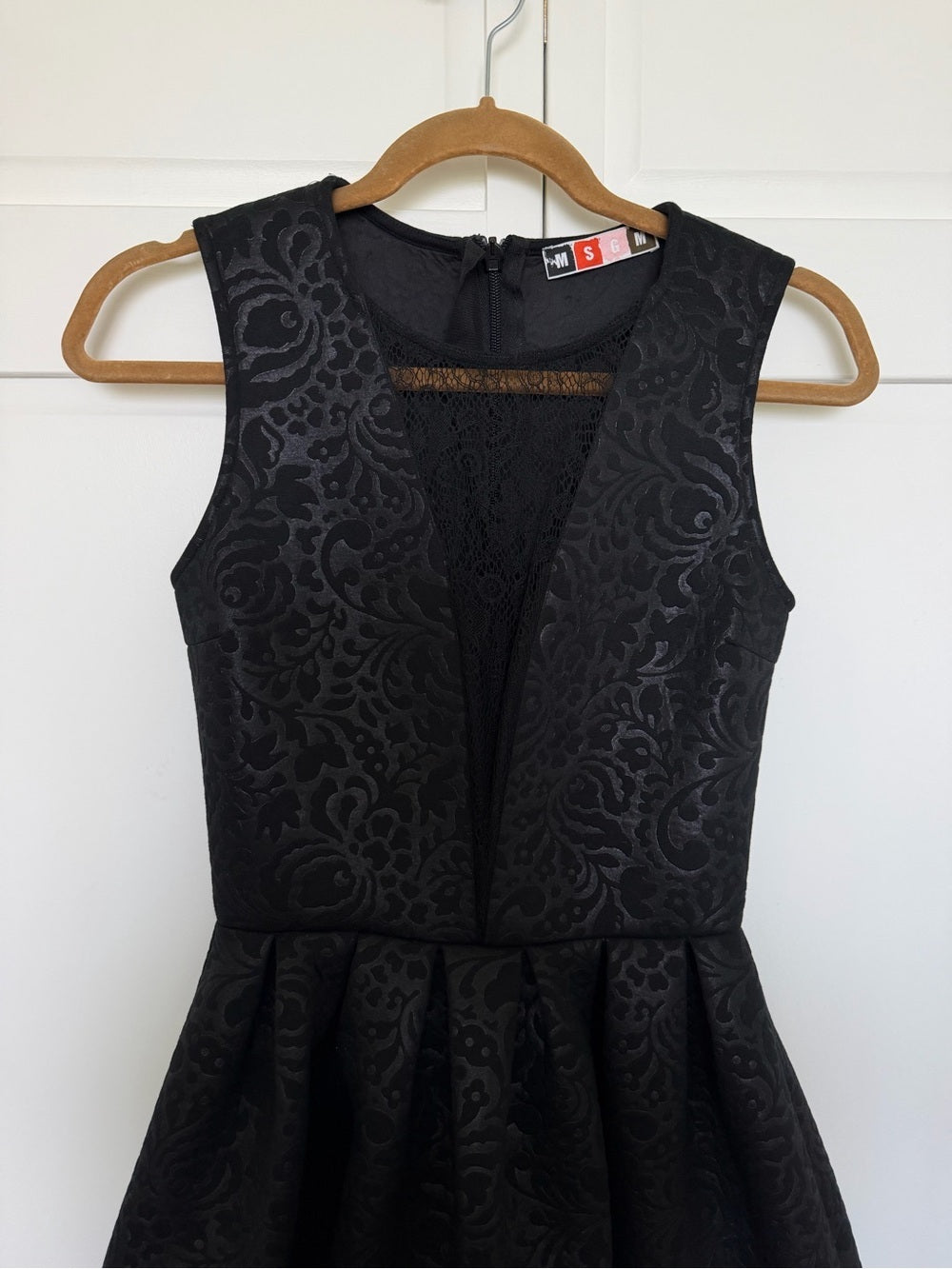 MSGM Black Damask Brocade Lace Inset Fit and Flare Dress Size 2