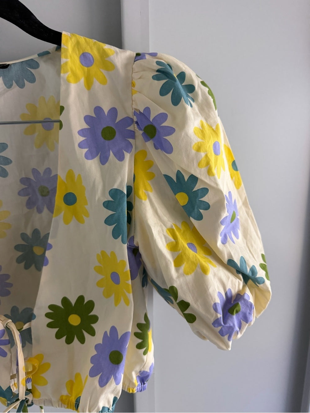 ZARA Floral Yellow Print Tie-Front Puff Sleeve Cropped Cotton Blouse - Size M