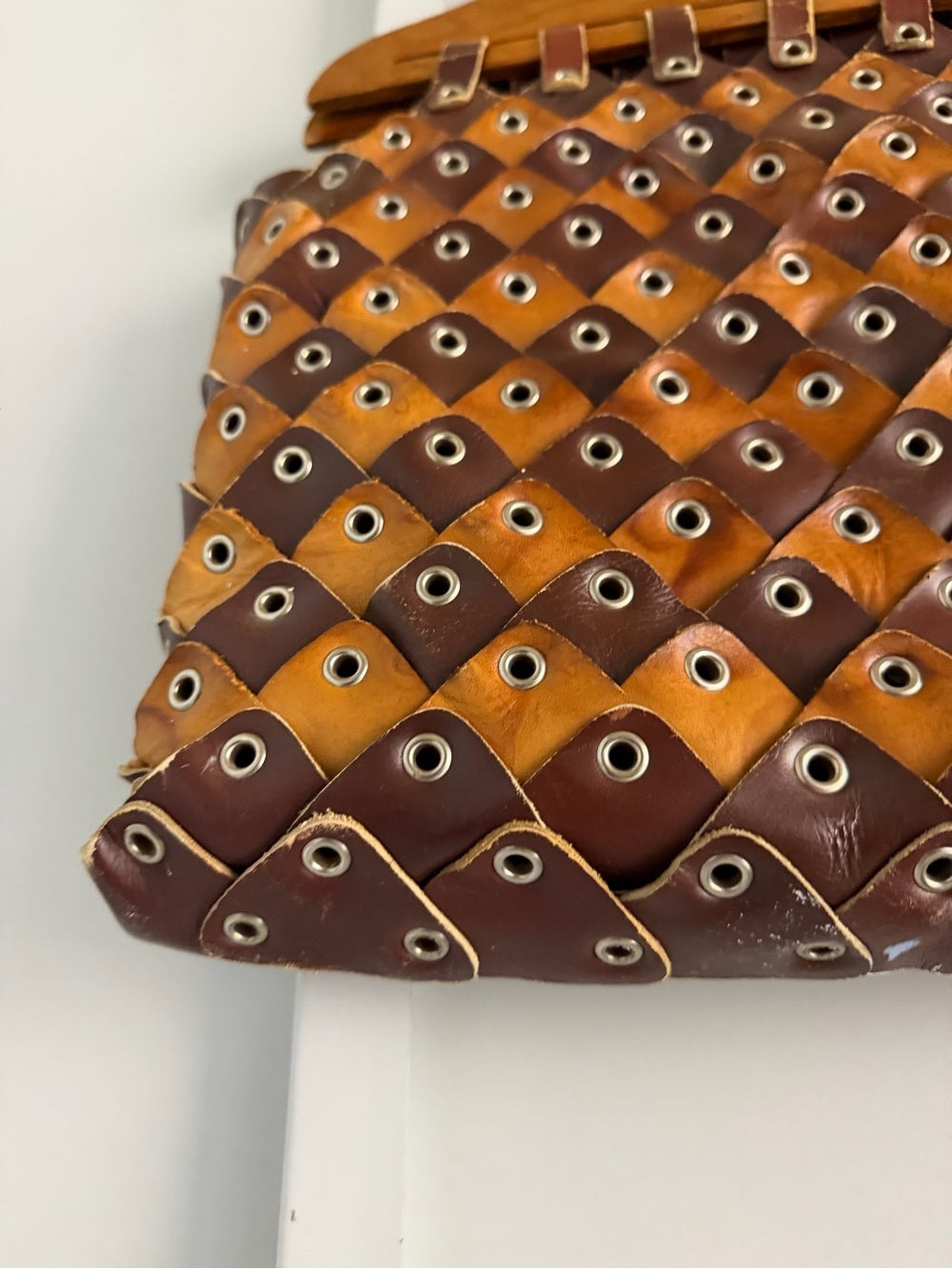 Vintage Handmade Leather & Wood Weave Statement Handbag