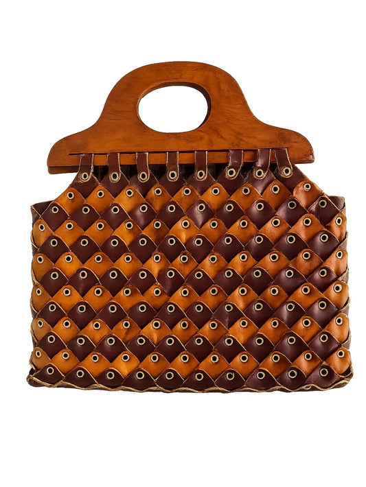 Vintage Handmade Leather & Wood Weave Statement Handbag