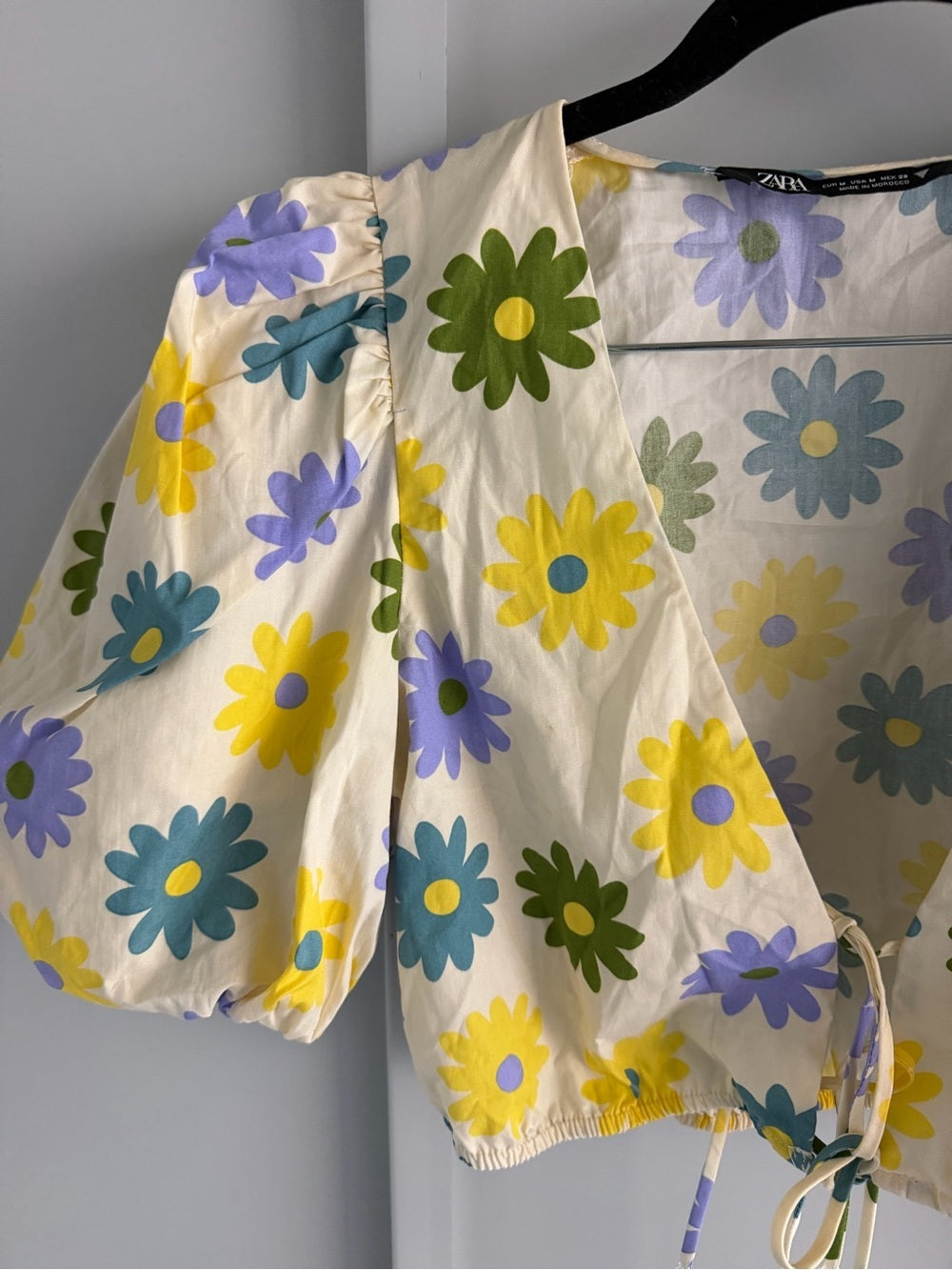 ZARA Floral Yellow Print Tie-Front Puff Sleeve Cropped Cotton Blouse - Size M