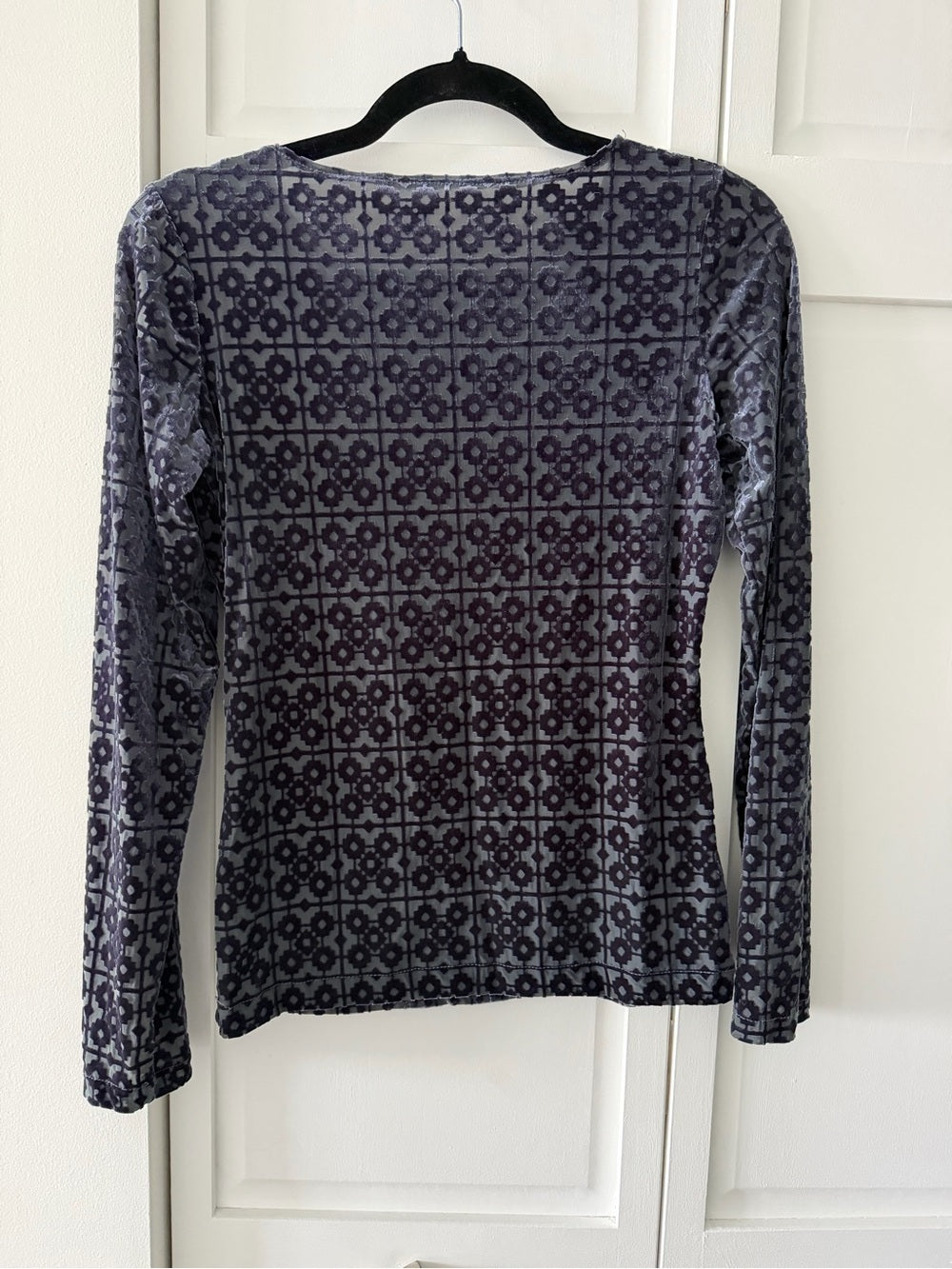 Vintage Sheer Mesh Velvet Devoré Geometric Long Sleeve Top Slate Grey M