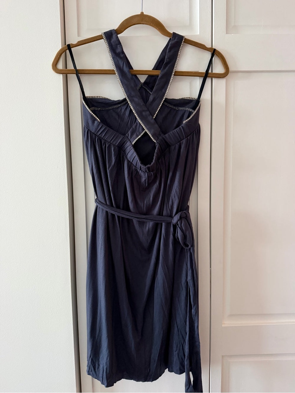 Velvet Mauve Charcoal Grey Rhinestone Cross Back Mini Dress M y2k