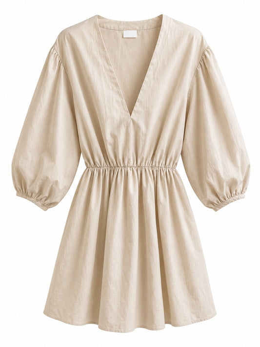H&M Beige V-Neck Puff Sleeve Cotton Dress Size S