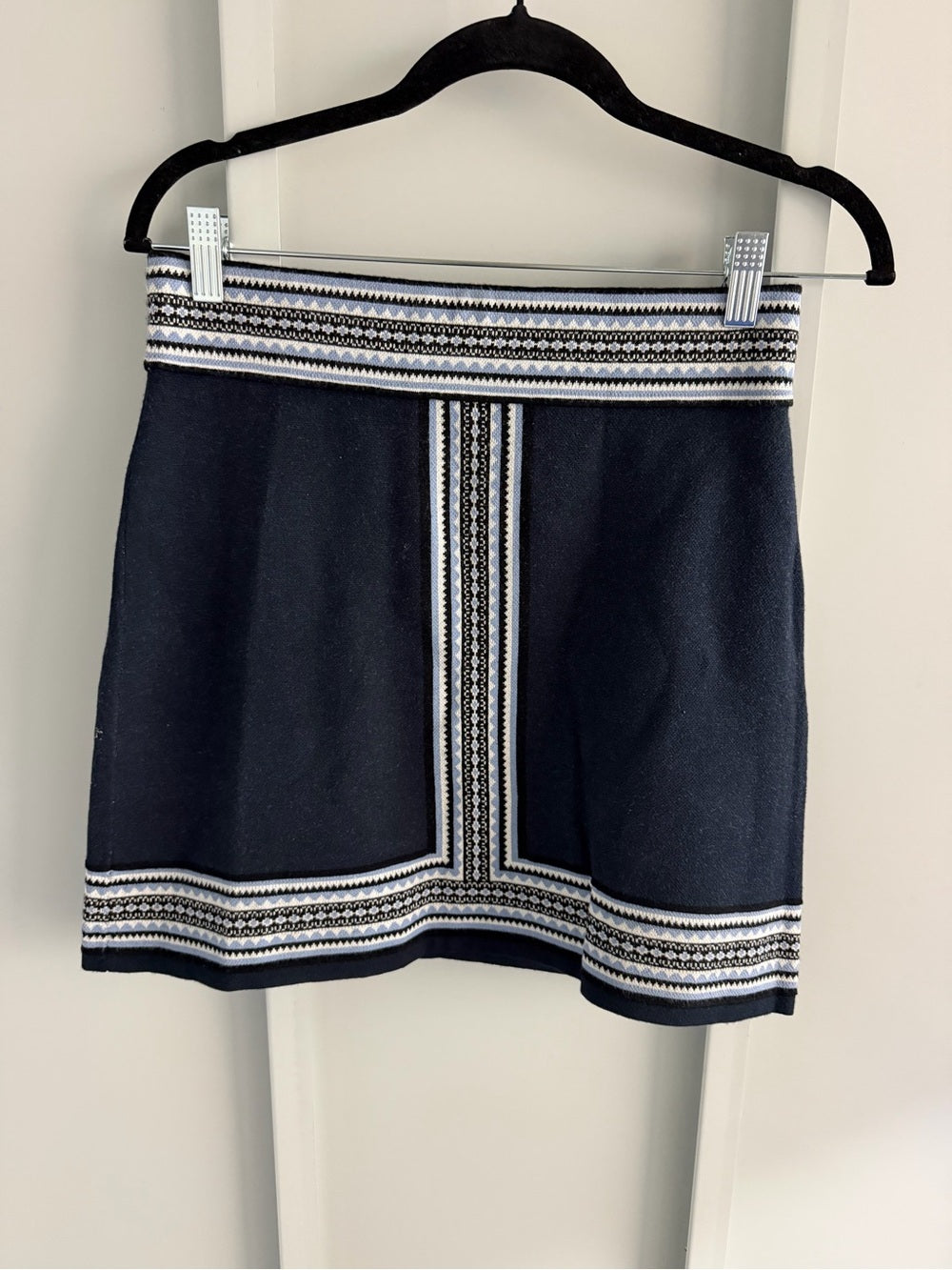Club Monaco Navy Blue Geometric Border Knit Mini Skirt S