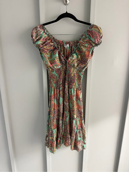 Anisa Spain Multi-Colored Green Orange Paisley Smocked Mini Dress - Size S/M - Studio Edition