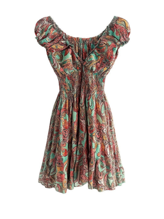 Anisa Spain Multi-Colored Green Orange Paisley Smocked Mini Dress - Size S/M - Studio Edition