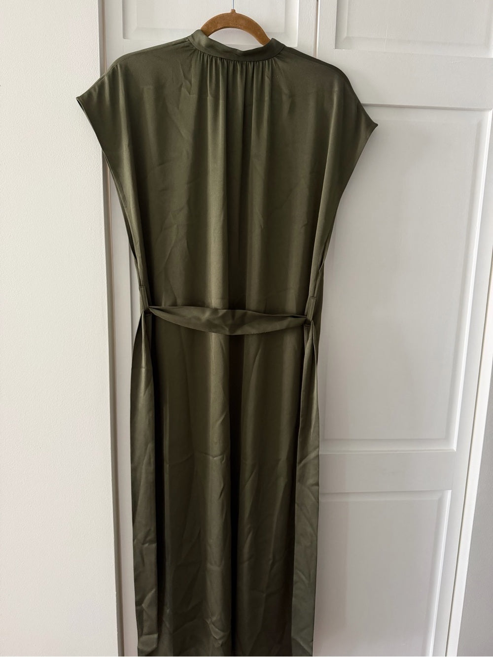 Filippa K Olive Green Satin-Finish Midi Dress - Size 36 (Fits Oversized) NWT