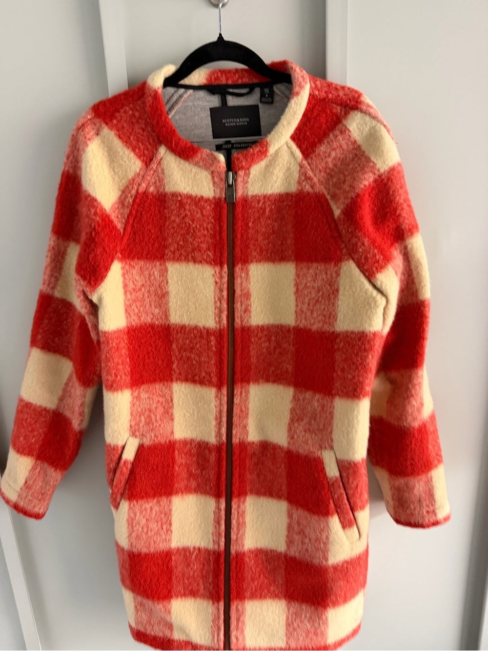 Maison Scotch Red & Cream Buffalo Check Boiled Wool-Blend Coat - Size 2