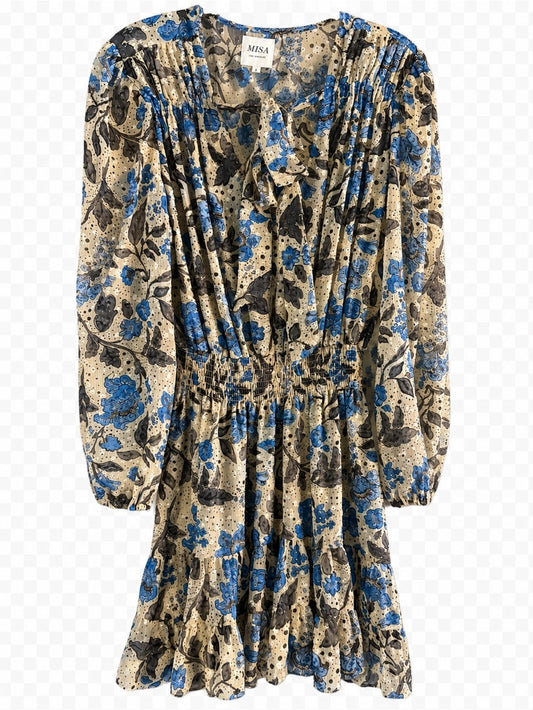 MISA Los Angeles Floral Chiffon Smocked Waist Tie Neck Dress L
