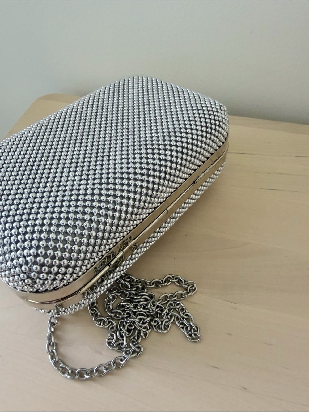 Jessica McClintock Silver Mesh Box Clutch Rhinestone Ring Clasp Bag⁠