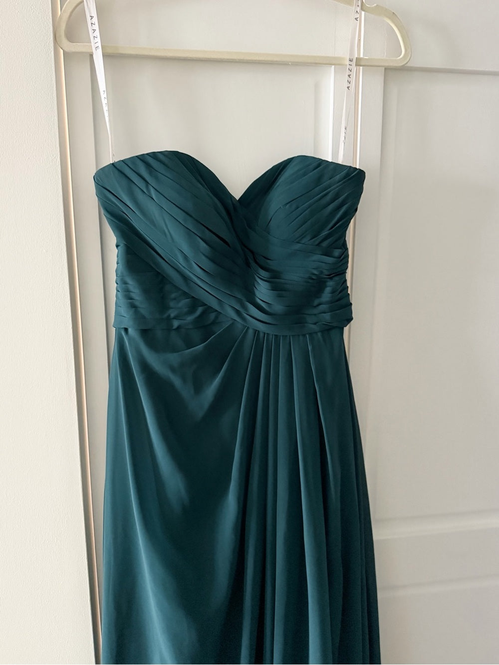 New Azazie Dark Green Strapless Ruched Chiffon Maxi Dress A6