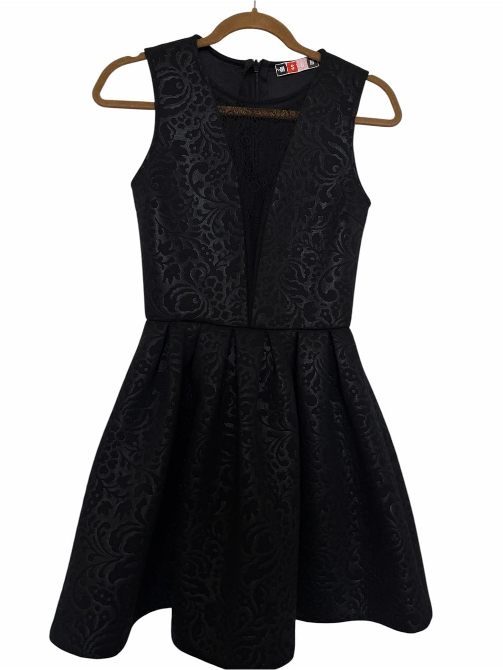 MSGM Black Damask Brocade Lace Inset Fit and Flare Dress Size 2