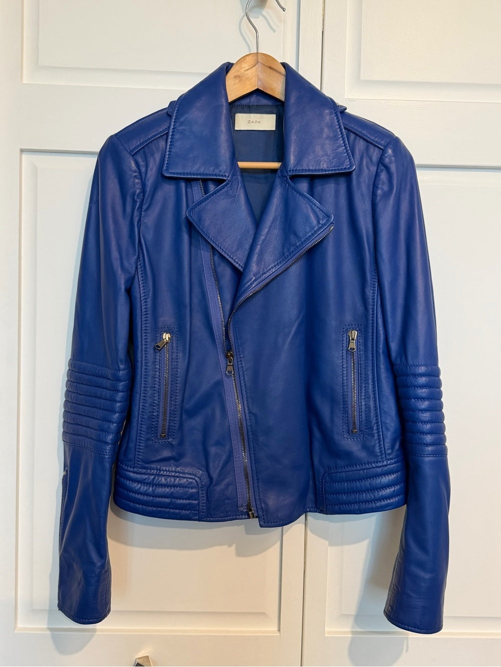ZAPA Paris Blue 100% Lamb Leather Moto Biker Jacket 42 - US 10 Like New