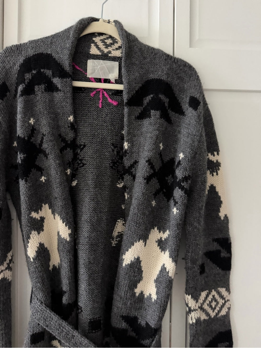 291 Venice Alpaca Wool Aztec Bird Shawl Belted Cardigan Sweater size M-L