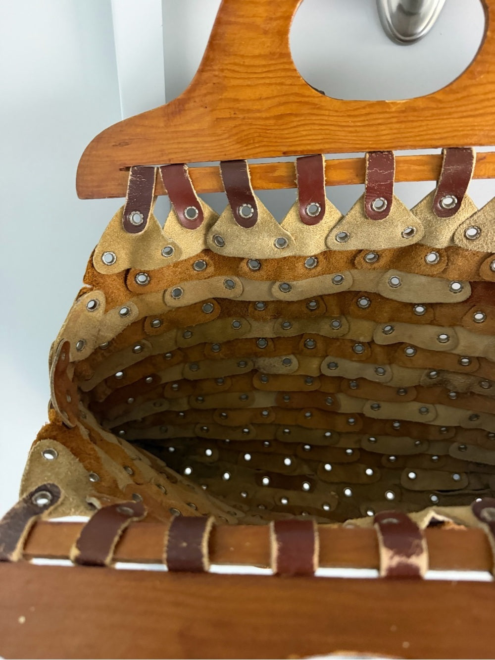 Vintage Handmade Leather & Wood Weave Statement Handbag