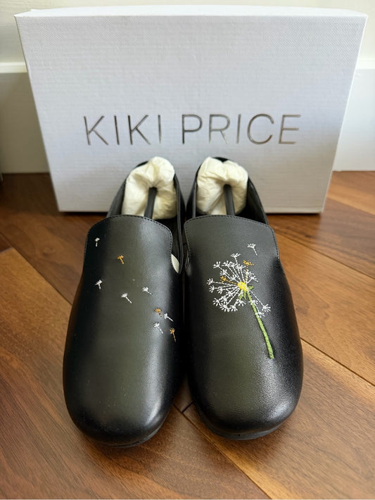Kiki Price Embroidered Dandelion Black Leather Flats - Size 40