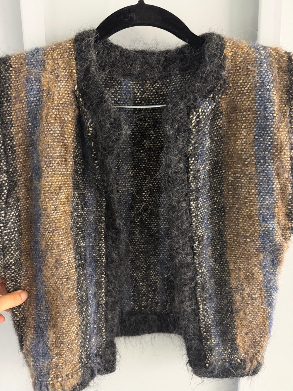 Handmade Alpaca Wool Open Front Fuzzy Trim Striped Vest - Brown Blue Black