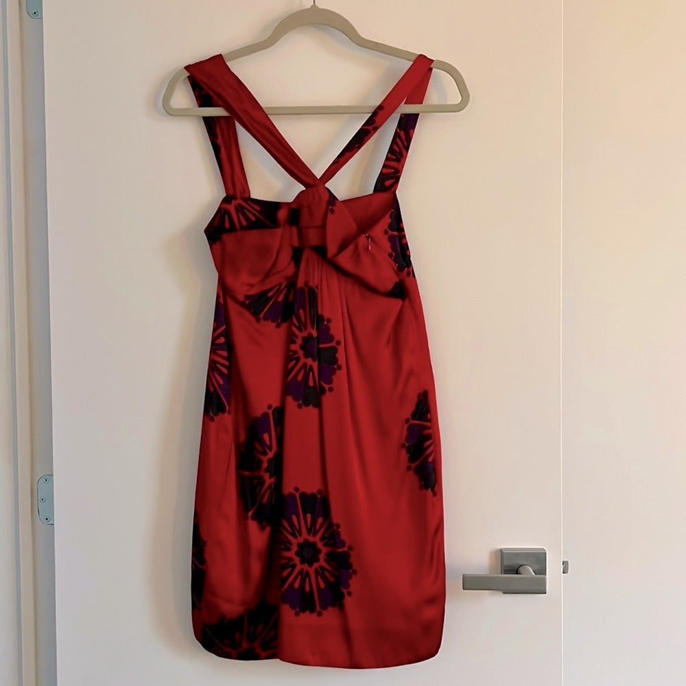 2000s Vintage Marc by Marc Jacobs Red Floral Satin Halter Mini Cocktail Dress