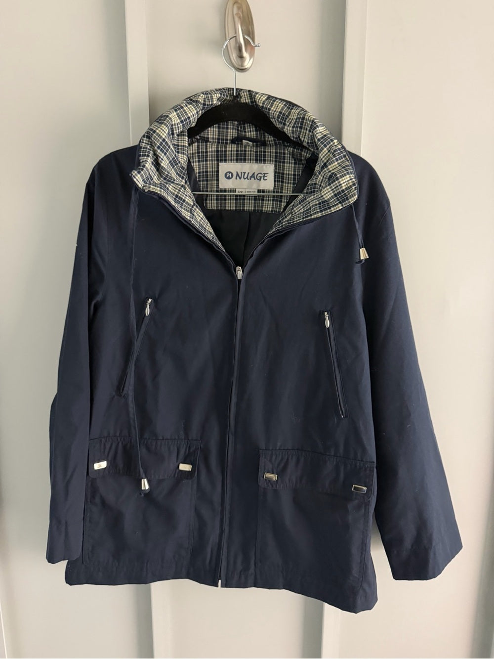 Nuage Navy Blue Plaid-Lined Short Trench Jacket - Size Small