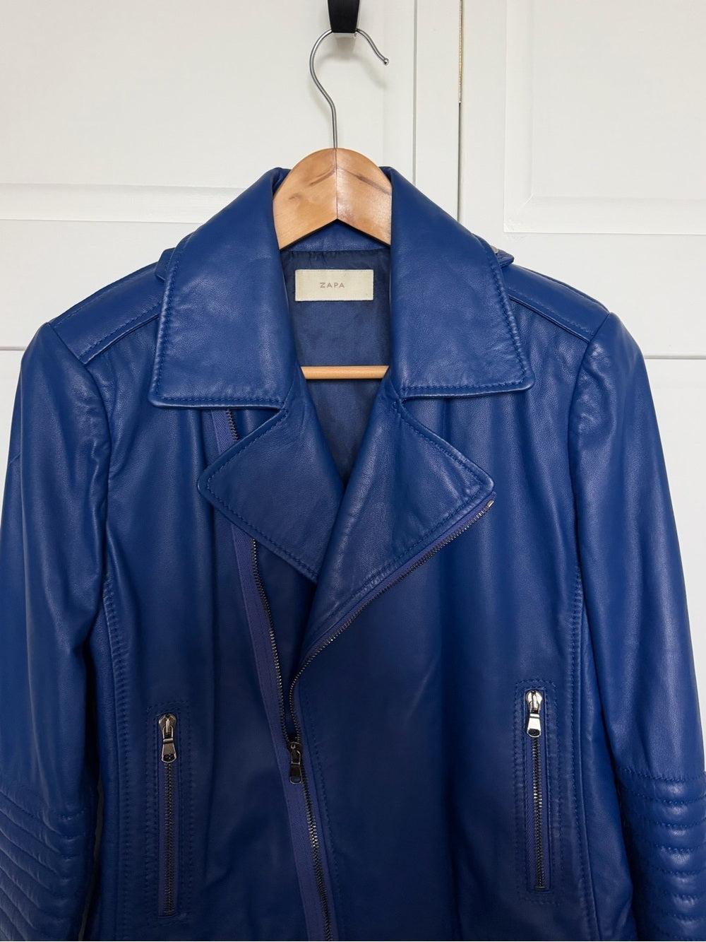 ZAPA Paris Blue 100% Lamb Leather Moto Biker Jacket 42 - US 10 Like New