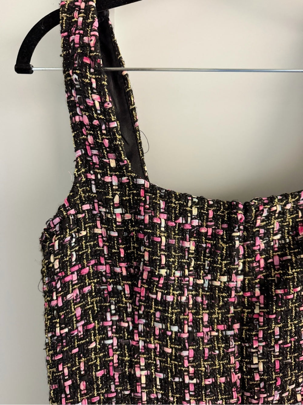 Sincerely Jules Black Pink Metallic Gold Tweed Shift Mini Dress L