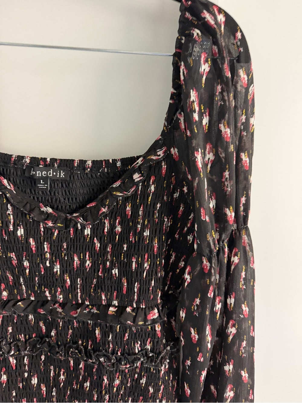 Knedik Metallic Floral Smocked Bodycon Mini Dress L