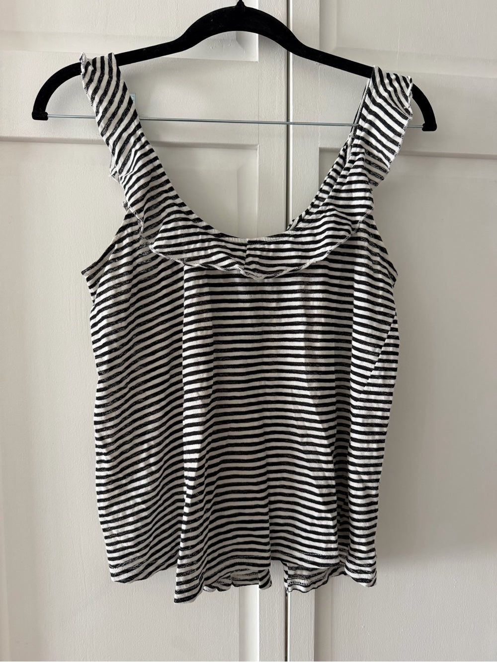 Peace Love Black & White Striped Ruffle Button-Front Tank Top size S French