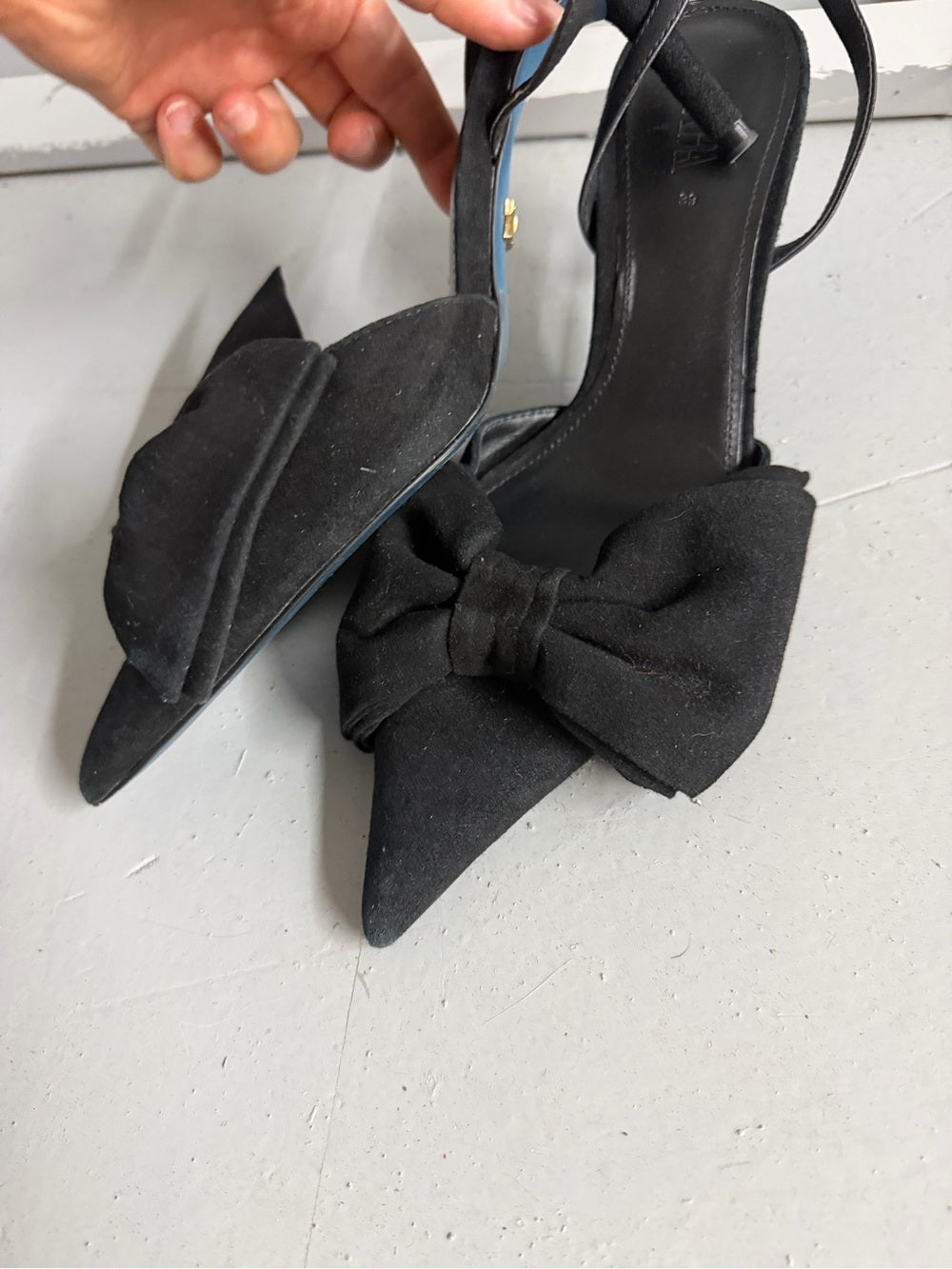 Zara Black Suede-Style Slingback Pumps with Bow Detail - Size 39