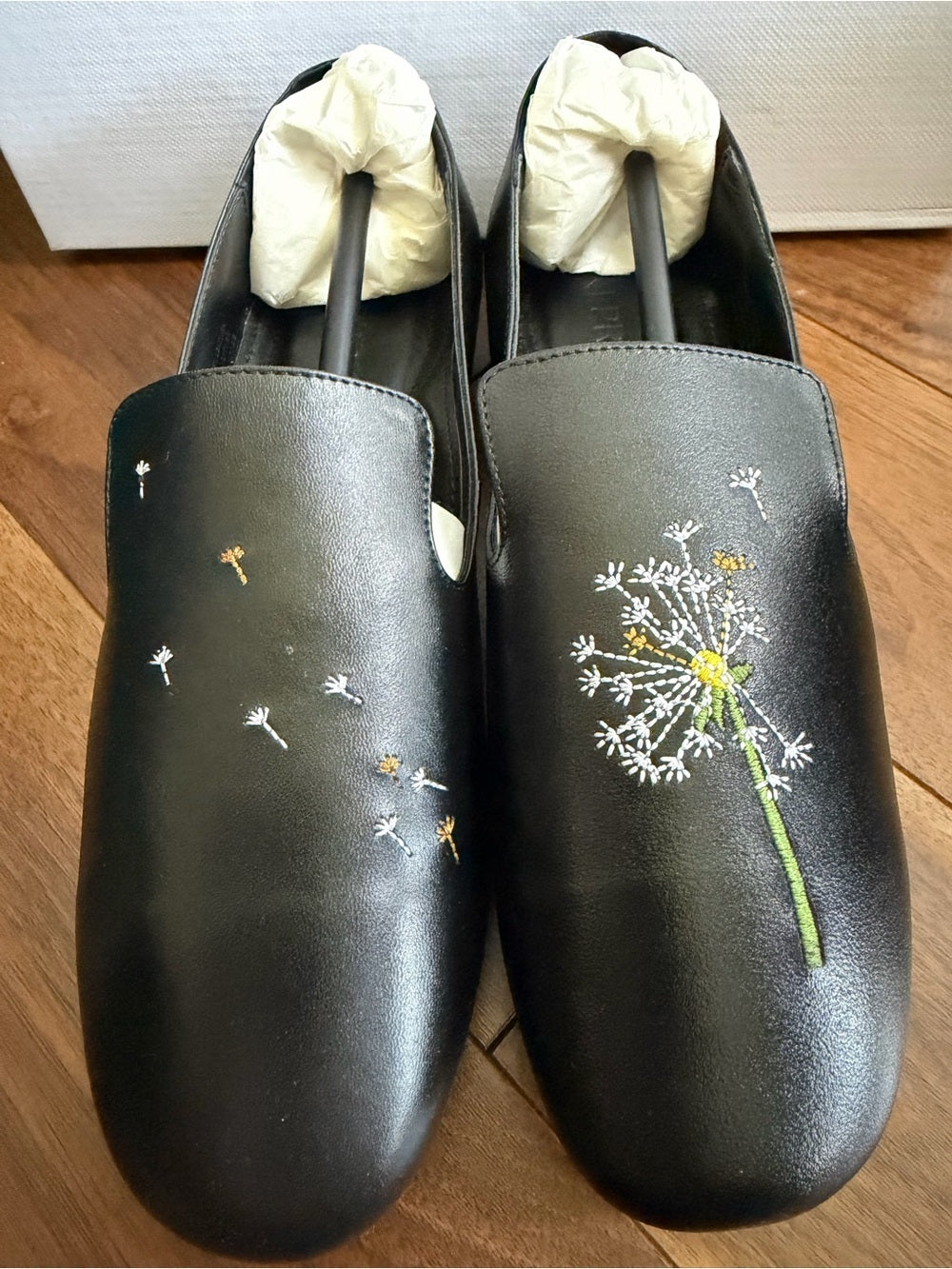 Kiki Price Embroidered Dandelion Black Leather Flats - Size 40