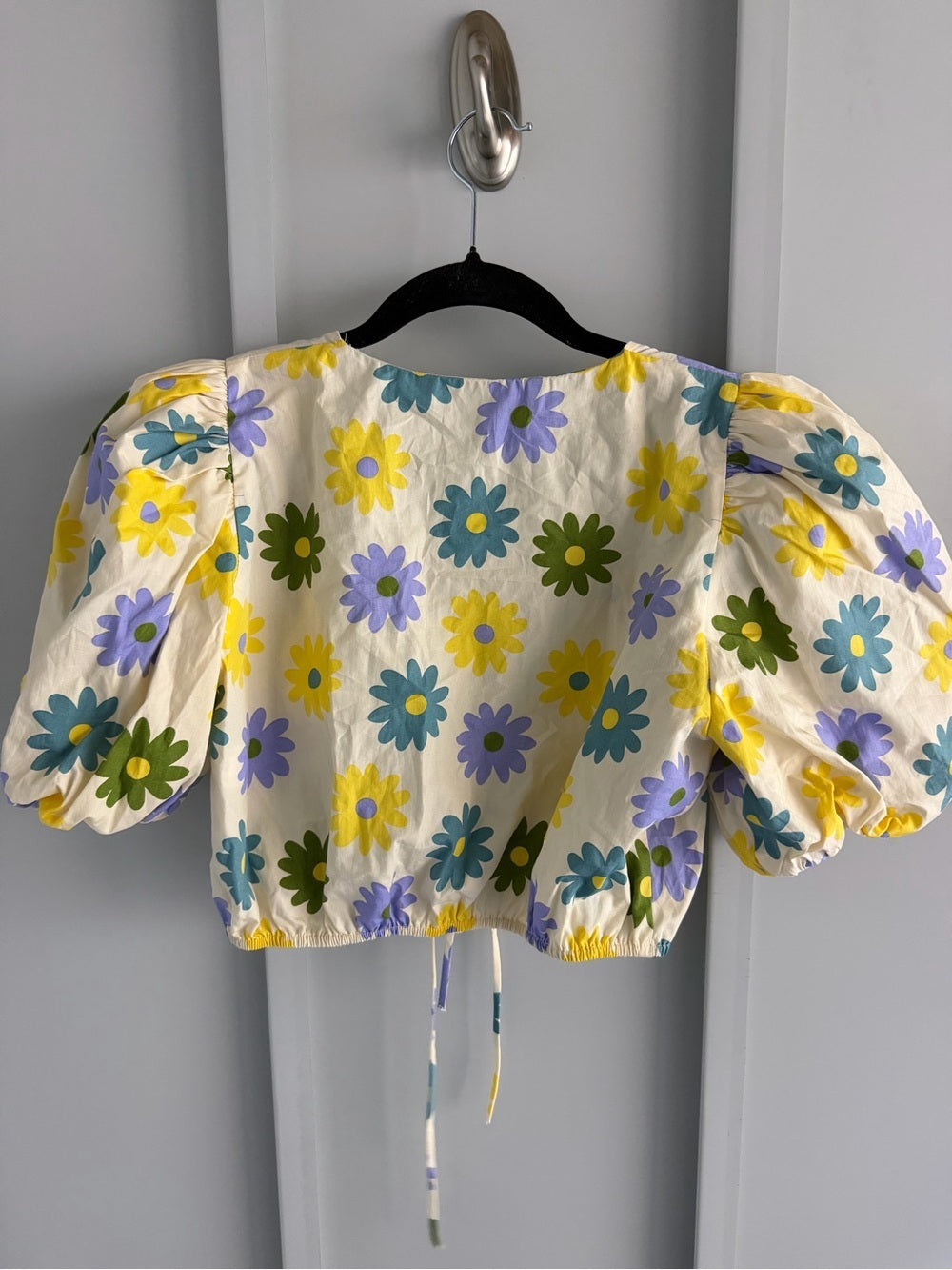 ZARA Floral Yellow Print Tie-Front Puff Sleeve Cropped Cotton Blouse - Size M