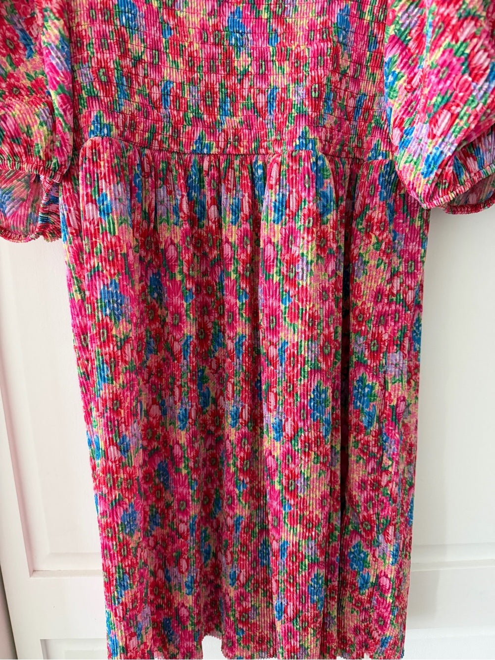 Zara Bright Floral Smocked Plissé Puff Sleeve Mini Dress M New