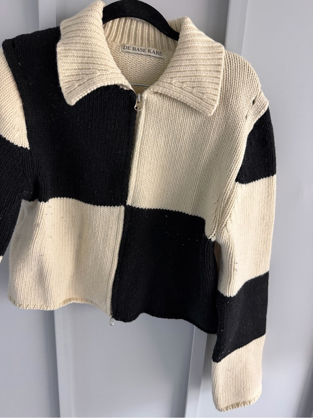 De Base Karé Black & White Colorblock Wool Blend Zip-Up Sweater Size L