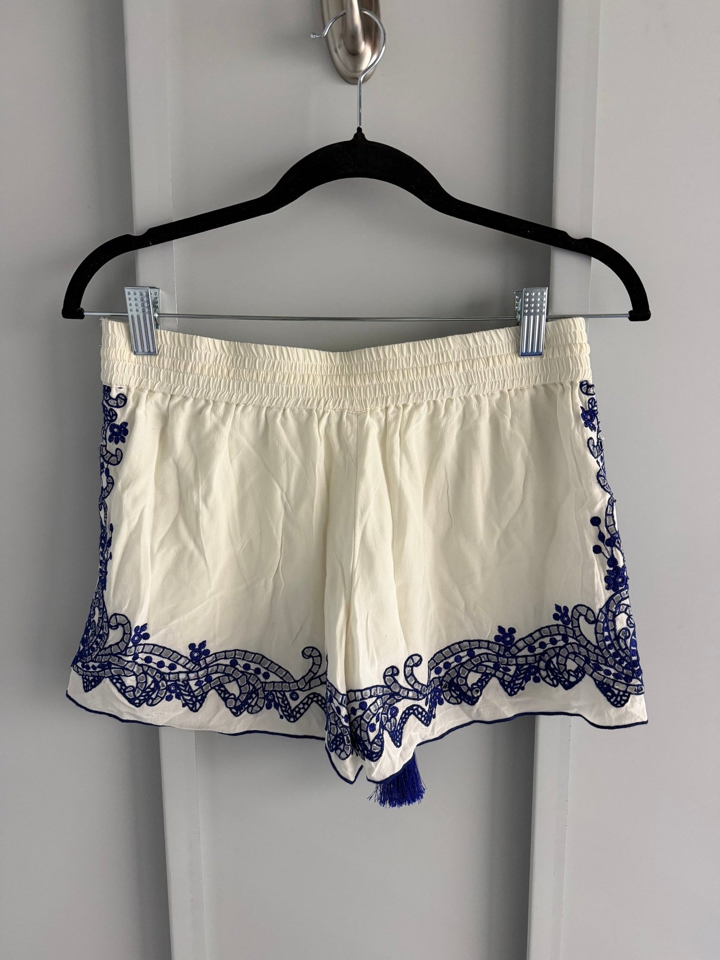 Club Monaco 100% Silk Embroidered Tassel Shorts – Cream & Royal Blue (Size XS) - Studio Edition