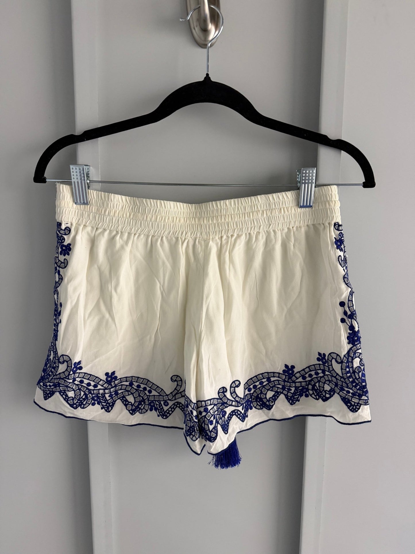 Club Monaco 100% Silk Embroidered Tassel Shorts – Cream & Royal Blue (Size XS) - Studio Edition