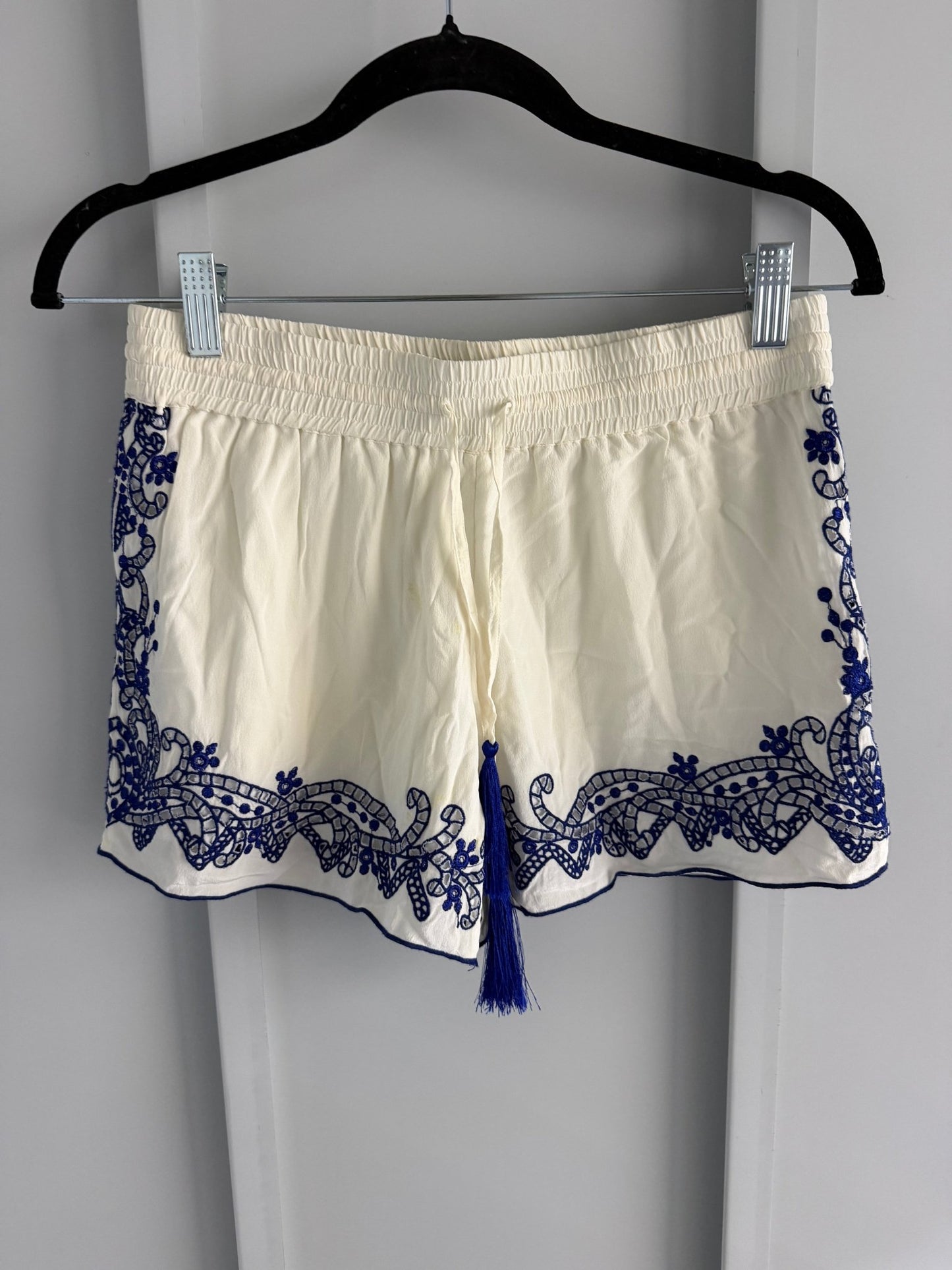 Club Monaco 100% Silk Embroidered Tassel Shorts – Cream & Royal Blue (Size XS) - Studio Edition