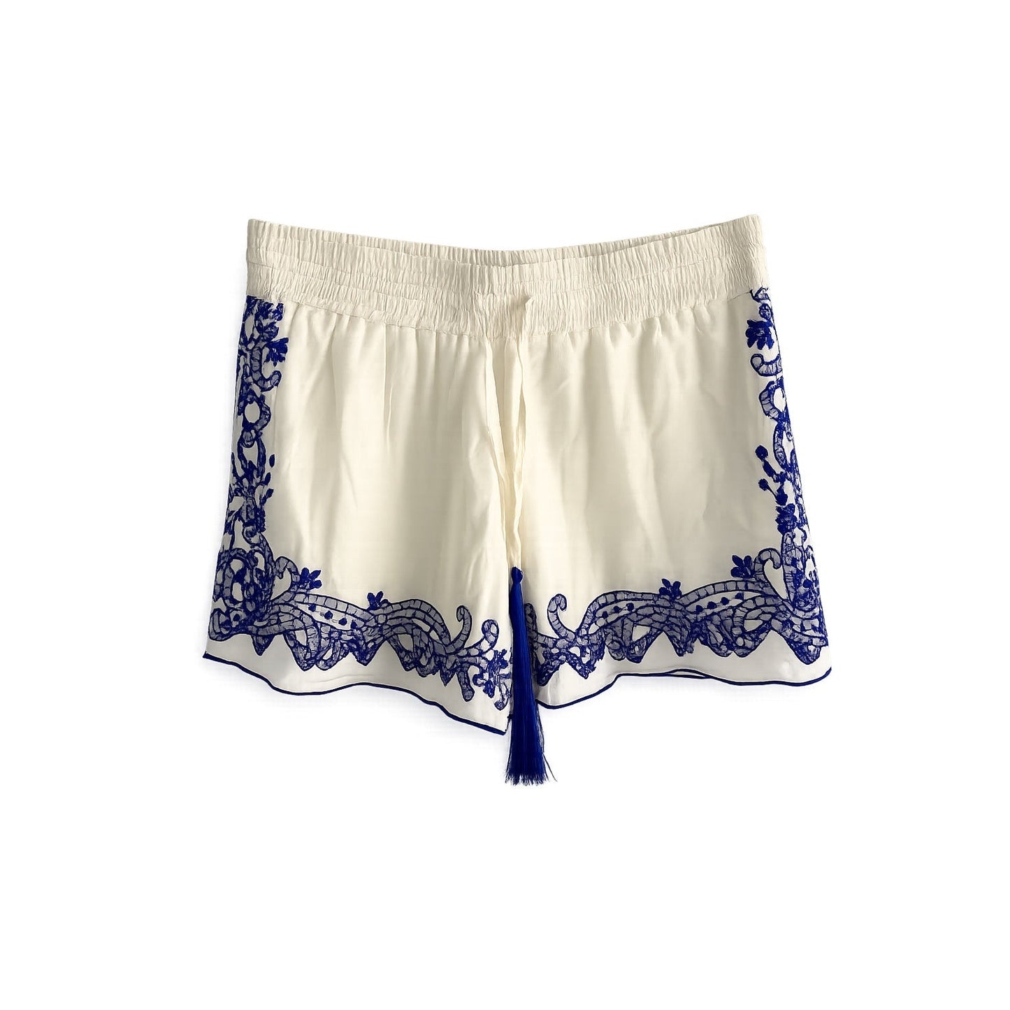 Club Monaco 100% Silk Embroidered Tassel Shorts – Cream & Royal Blue (Size XS) - Studio Edition