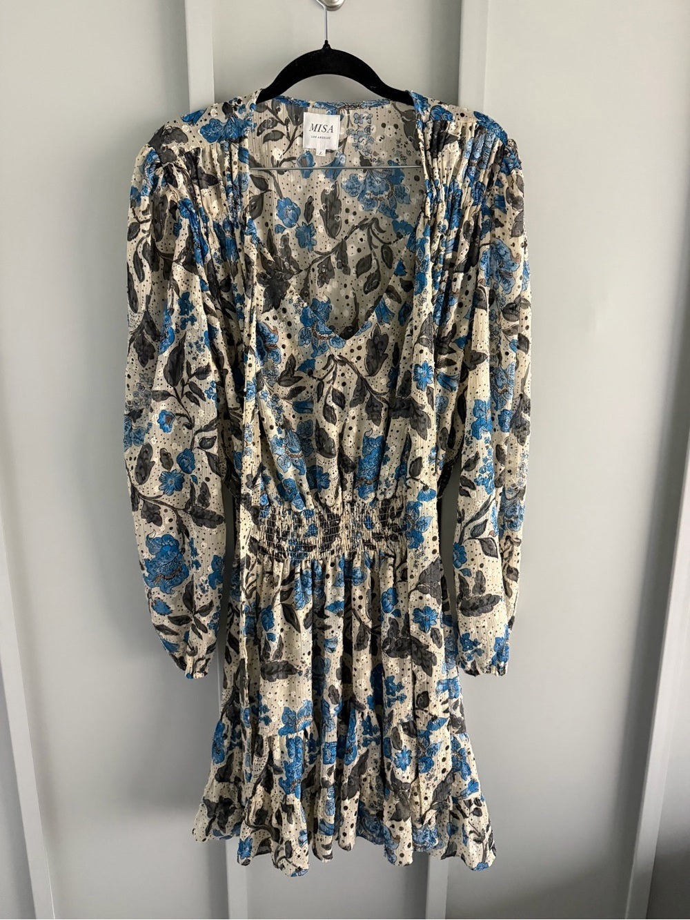 MISA Los Angeles Floral Chiffon Smocked Waist Tie Neck Dress L