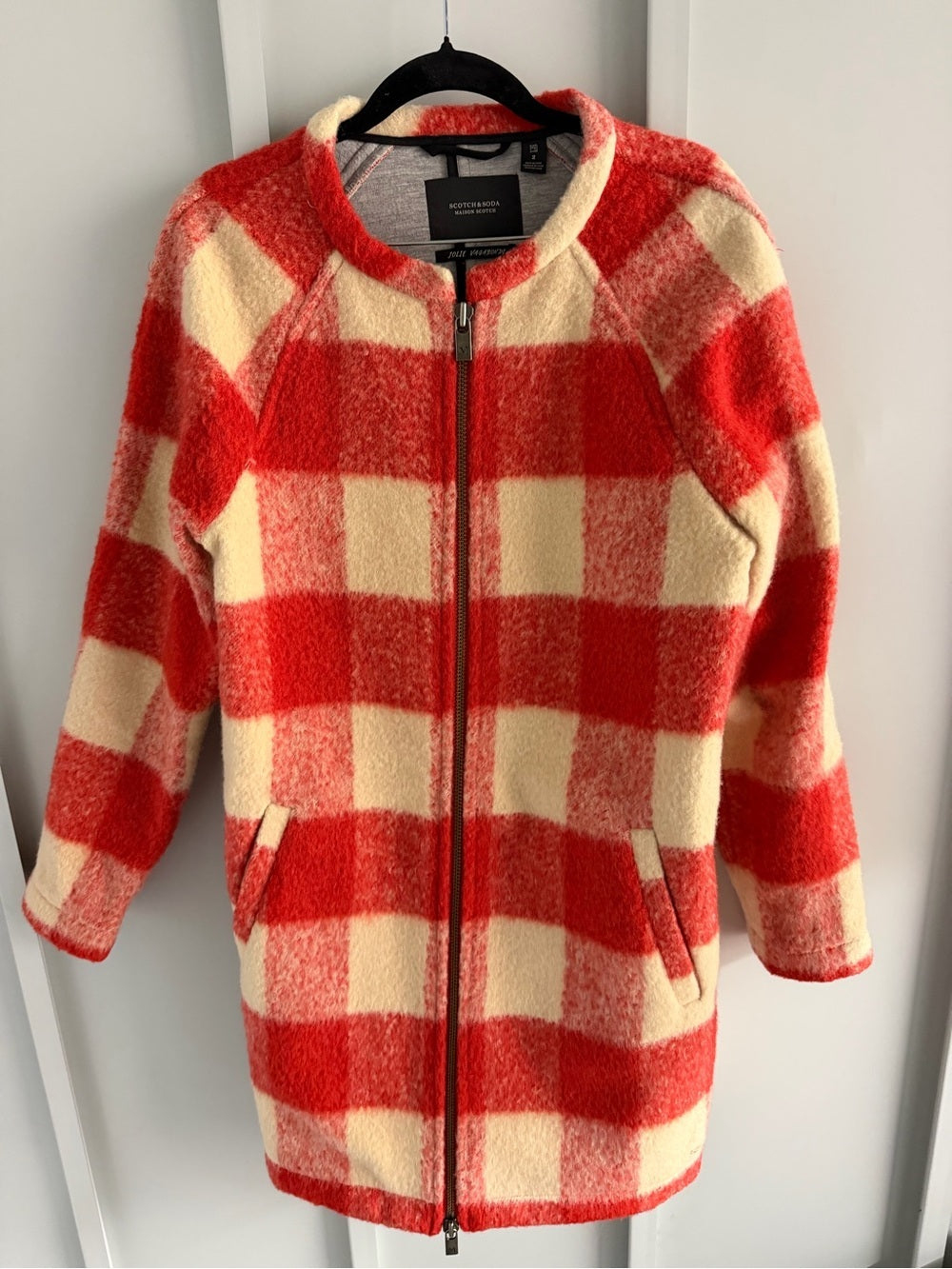 Maison Scotch Red & Cream Buffalo Check Boiled Wool-Blend Coat - Size 2