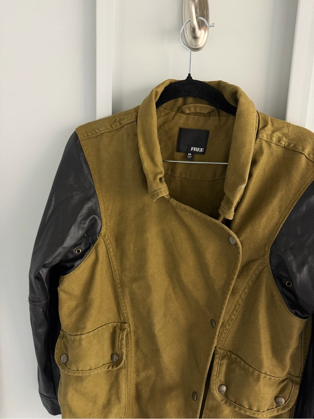 Wilfred Free Aritzia Olive Green Linen Cotton Faux Leather Sleeve Jacket XS