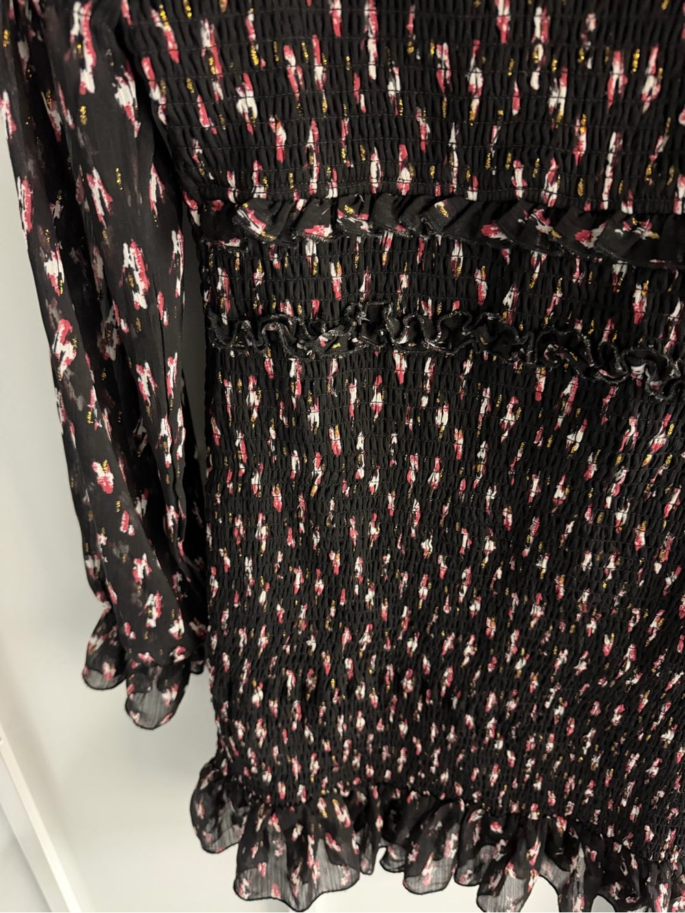 Knedik Metallic Floral Smocked Bodycon Mini Dress L