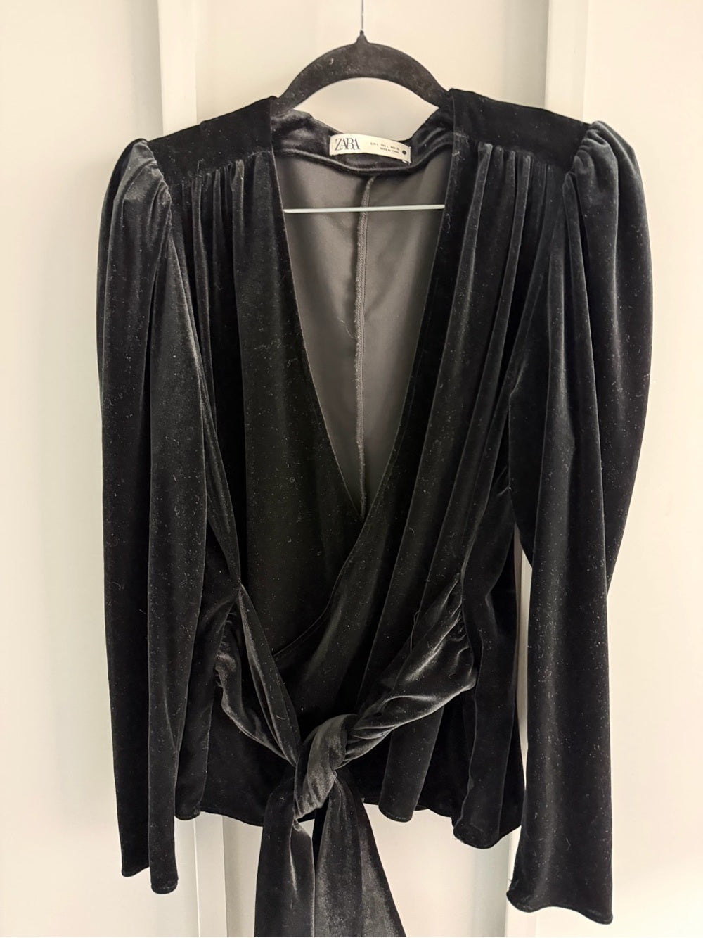 Zara Black Velvet Puff Shoulder Plunge Multi Way Wrap Top L