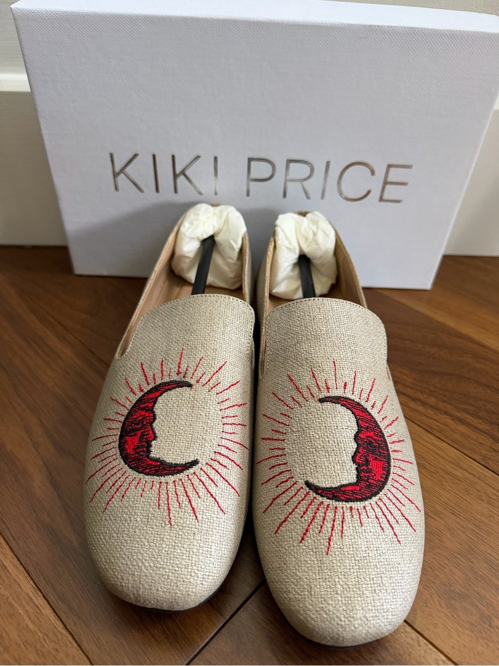 Kiki Price Embroidered Crescent Moon Loafers - Size 40 beige with red