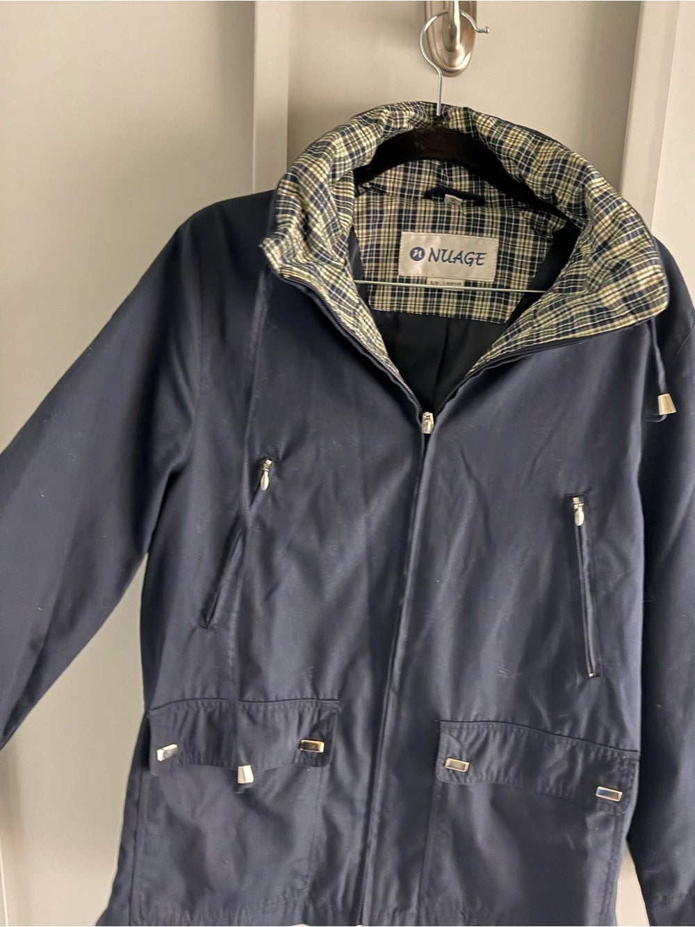 Nuage Navy Blue Plaid-Lined Short Trench Jacket - Size Small