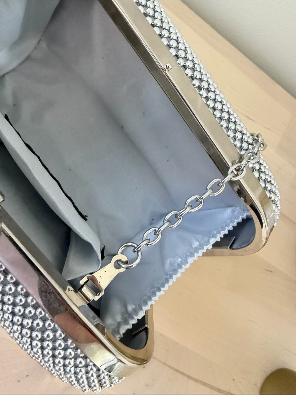Jessica McClintock Silver Mesh Box Clutch Rhinestone Ring Clasp Bag⁠