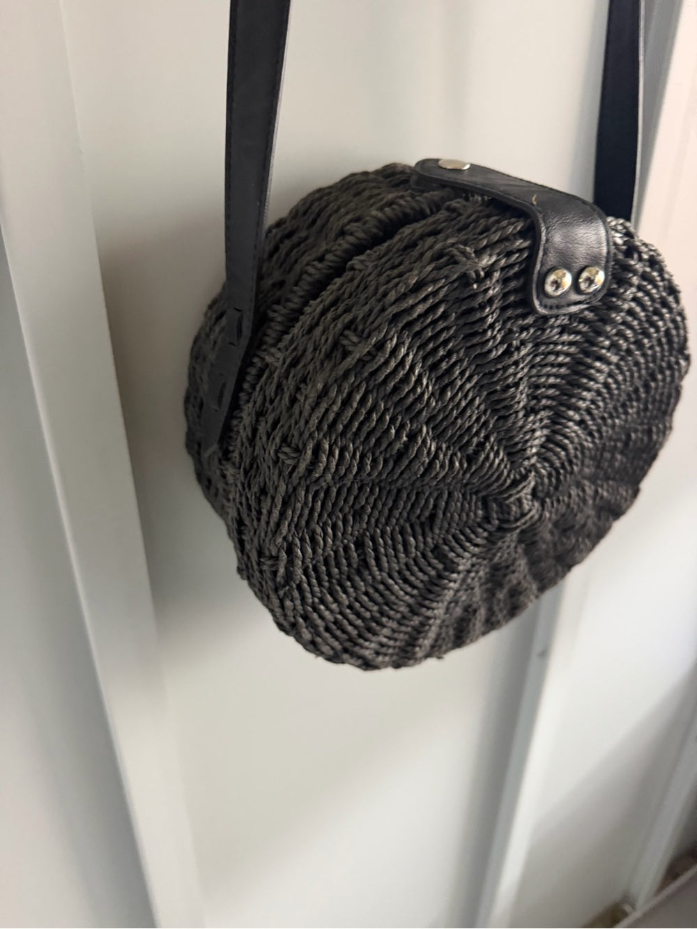 Vintage Black Round Woven Raffia Crossbody Bag