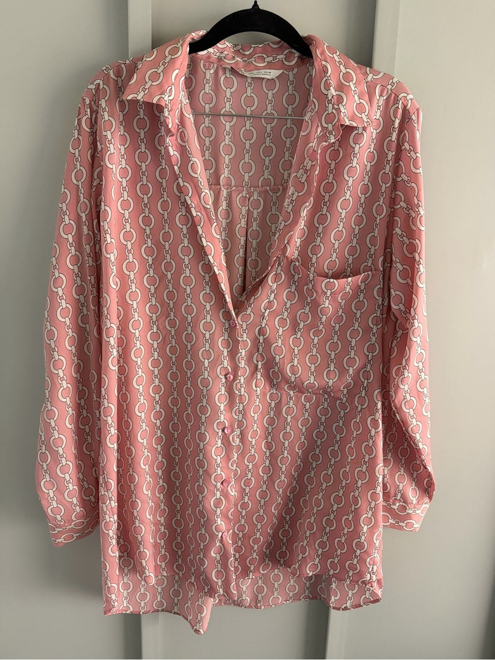 Zara Pink Geometric Chain Link Oversized Satin Blouse L