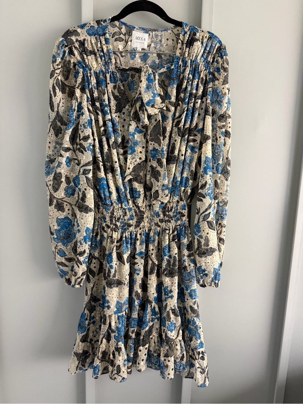 MISA Los Angeles Floral Chiffon Smocked Waist Tie Neck Dress L